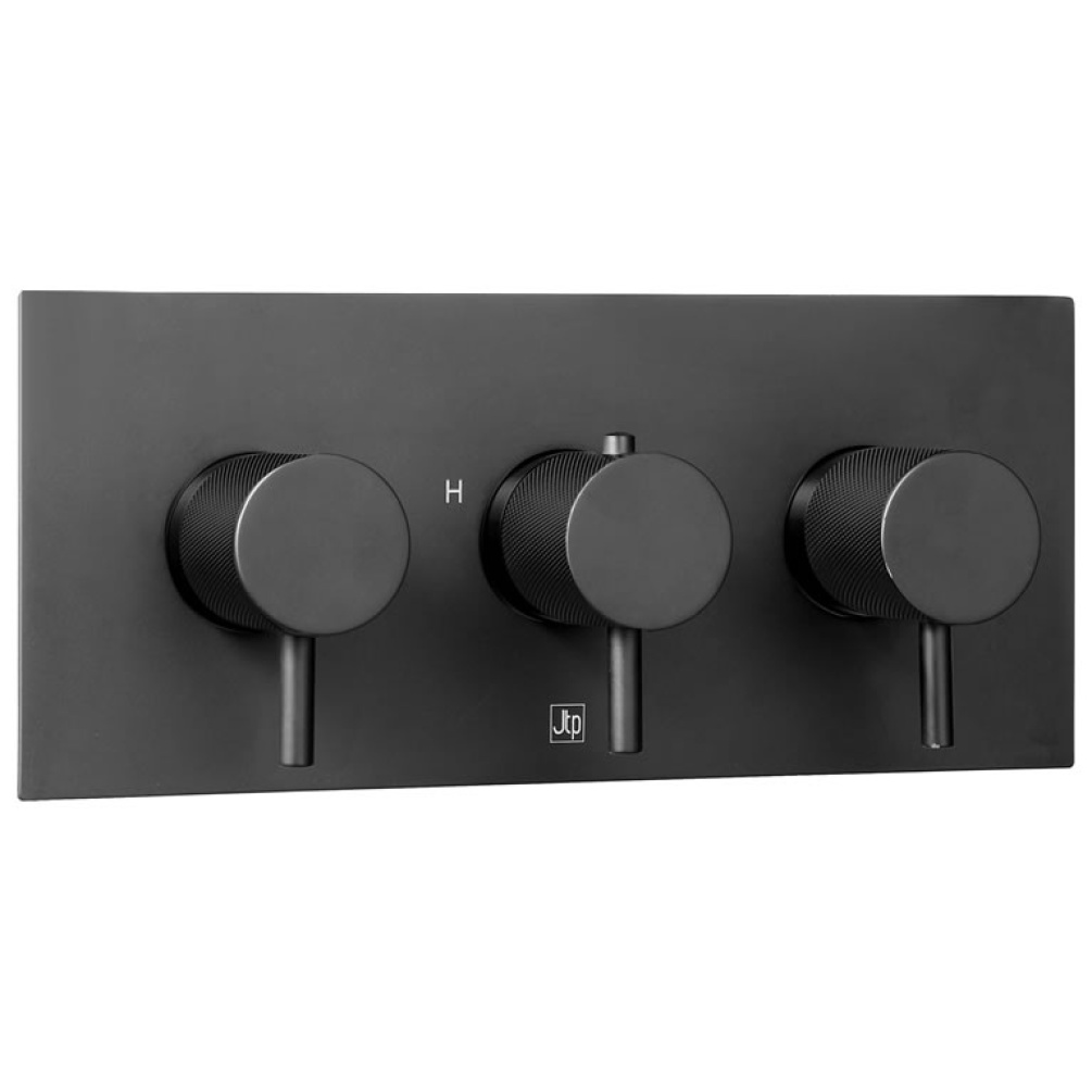 Product Cut out image of the JTP Vos Matt Triple Outlet Landscape Shower Valve with Designer Knurled Handles